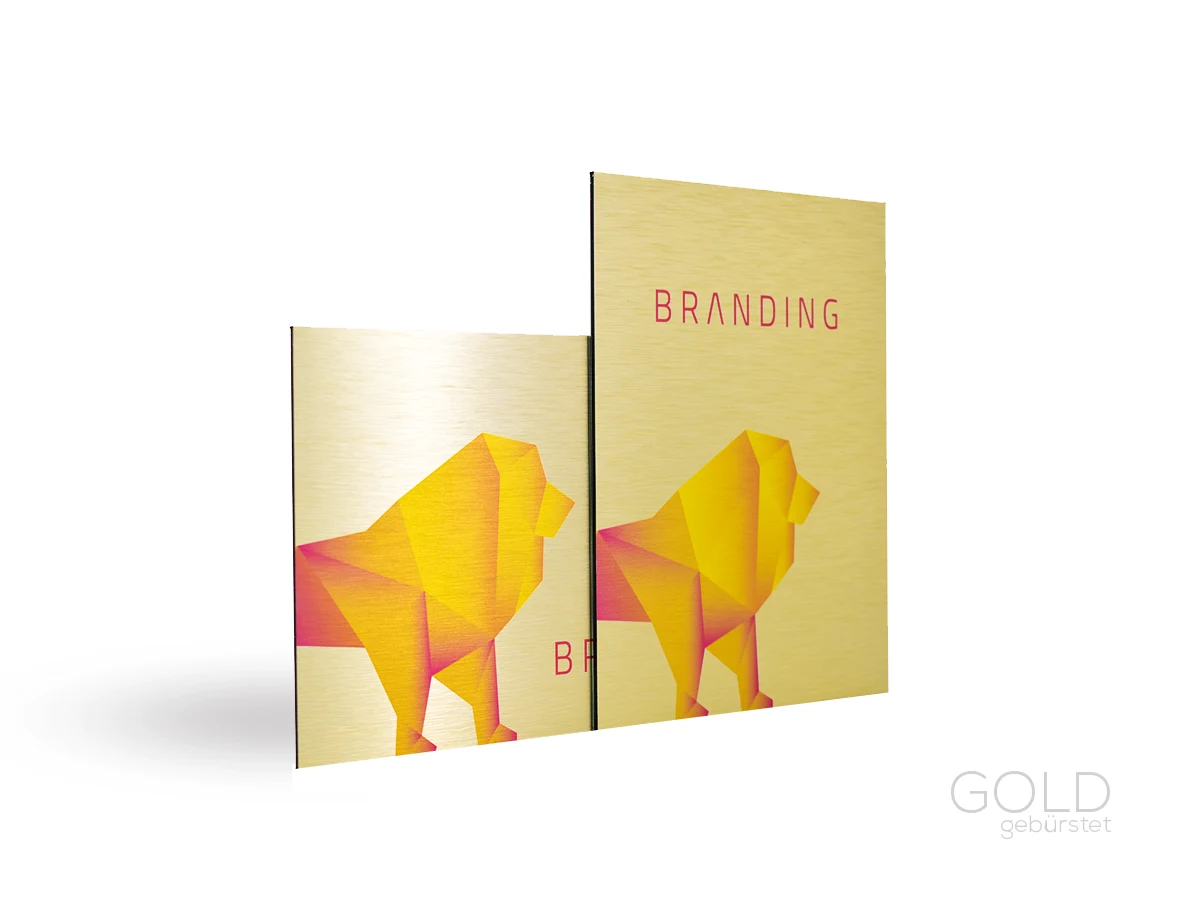 Gold gebuerstetes Werbeschild vom Hersteller Schauenstein